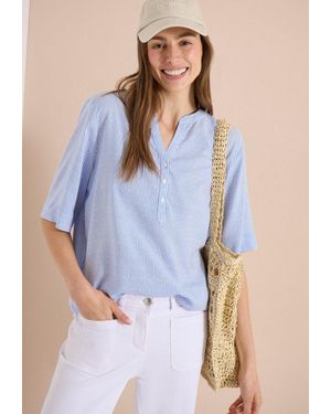 Cecil Kurzarmbluse Sommerbluse Mit Split Neck Und Streifen - Blau