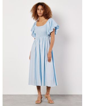 Apricot Midikleid Puffärmelkleid, mit Smokdetails - Blau
