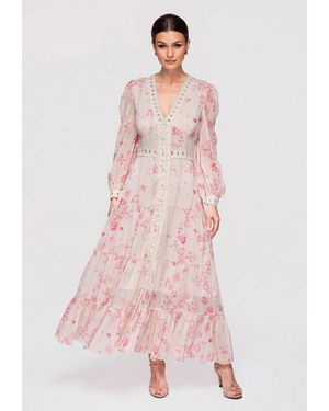 Ombre Abendkleid Damen Maxikleid V-Ausschnitt Spitze Elegant Ecru (Kein Set, 1-Tlg) - Pink