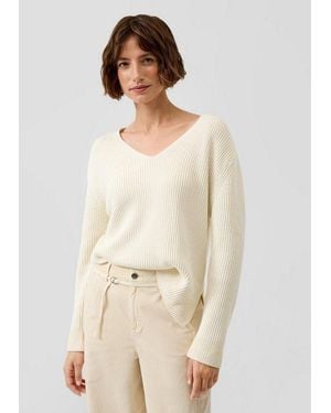 S.oliver Longpullover Strickpullover Baumwollmix-Strickpullover Mit V-Ausschnitt - Natur