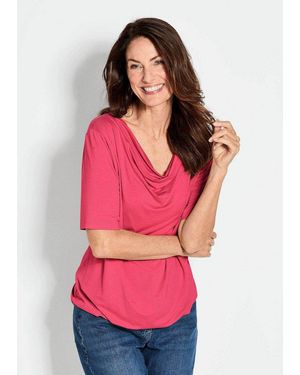 Goldner T-Shirt Blusenshirt Mit Wasserfallausschnitt Elegantes Viskoseshirt Mit Gummibund Und Halbarm - Pink
