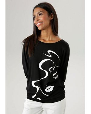 Aniston SELECTED 3/4-Arm-Shirt Mit Abstraktem Gesichtsdruck - Schwarz
