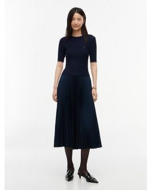 Tommy Hilfiger Midikleid Preppy Mix Media Midi Dress Kunstfaser, Zopfstrickmuster - Blau