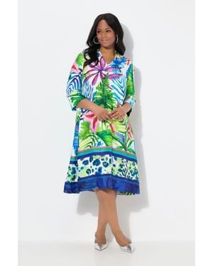 Ulla Popken Satin-Midikleid Blätter A-Linie Hemdkragen 3/4-Arm - Blau