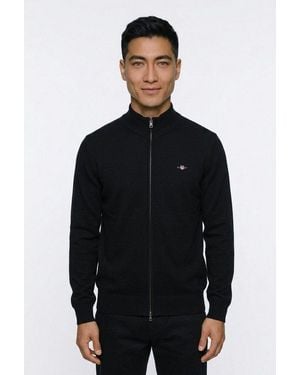 GANT Cardigan Casual Cotton Zip Cardigan Mit Rippbündchen An Stehkragen, Ärmeln Und Saum - Schwarz