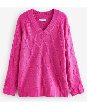 Next Pullover Tunikapullover mit V-Ausschnitt und Zopfmuster (1-tlg) - Pink