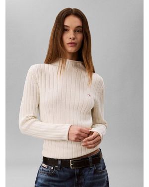 Calvin Klein Rollkragenpullover Woven Label T-Neck Sweater Regular Fit Mit Stehkragen - Natur