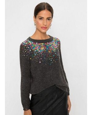 bonprix Strickpullover Mit Bunten Pailletten, Raglanärmel, Bequem, Rundhals-Ausschnitt - Schwarz