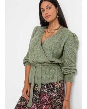 bonprix Wickelpullover Mit Tiefem V-Ausschnitt Und Bindeband Zum Wickeln, Mit Puffärmeln - Grün
