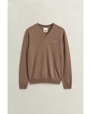 GANT V-Ausschnitt-Pullover Superfine Lambswool V-Neck Regular Fit Aus Reiner Wolle, Gerippte Abschlüsse - Natur