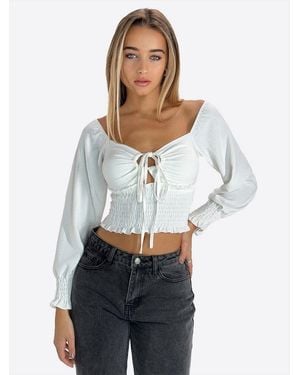 Elara Blusentop – Damen Crop Bluse Mit Schnürung, Carmen-Ausschnitt Und Puffärmeln - Weiß