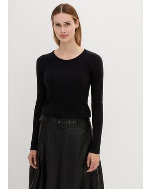 bonprix Strickpullover Aus Merinowolle, Langarm, Schmale Passform - Schwarz