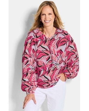 Goldner Kurzarmbluse Viskosebluse Mit Floralem Muster Schlupfbluse Mit Rundhals, Spitzenakzenten Und Langarm - Pink
