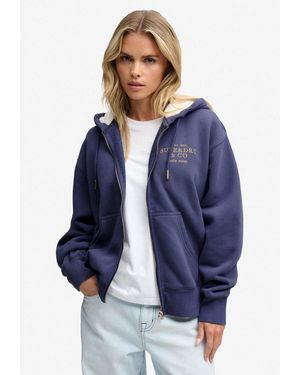 Superdry Kapuzensweatjacke Luxe Fur Lined Ziphood Baumwollmischung, Relaxed Fit - Blau