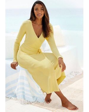 Lascana Strickkleid Loungekleid Zum Wickeln Mit Taillengürtel, Loungewear - Gelb