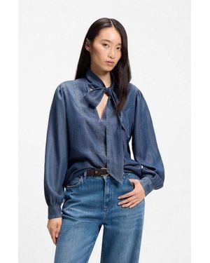 BOSS Langarmbluse Betilla Premium Damenmode Mit Schal-Detail, Denim-Look - Blau