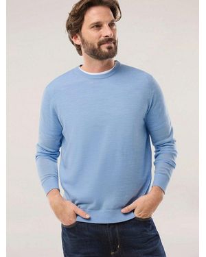 Walbusch Rundhalspullover Herren Rundhals-Pullover Merino Extrafein Schurwolle Temperaturausgleichend, Waschmaschinenfest - Blau