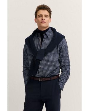 Bugatti Langarmhemd Satin Finish Mit Rauten-Muster Und Easy-Care Funktion - Blau