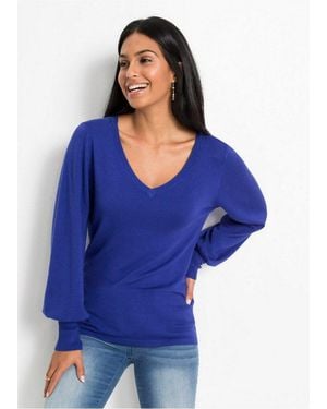 bonprix Strickpullover Viskosemischung, Ballonärmel, V-Ausschnitt - Blau