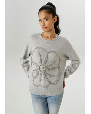 Aniston SELECTED Strickpullover vorne mit funkelnden Glitzersteinen verziert - Grau
