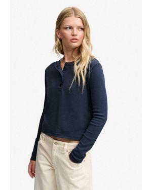 Superdry Langarmshirt Ath Ess Waffle Button Ls Top Baumwollmischung, Skinny Fit - Blau