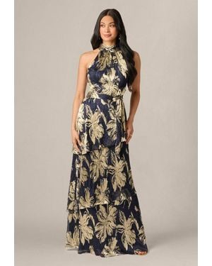 Adrianna Papell Abendkleid Halter Crinkle Metallic Gown Schimmerndes Abendkleid Aus Geblümtem Crinkle-Chiffon - Blau