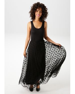 Aniston CASUAL Maxikleid mit getupften Mesh verziertem Rockteil - Schwarz