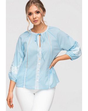 Ombre Hemdbluse Damen Bluse Baumwolle Boho Stickerei (Kein Set, 1-Tlg) Ajour-Einsätze, Stickereien, Knopfleiste - Blau