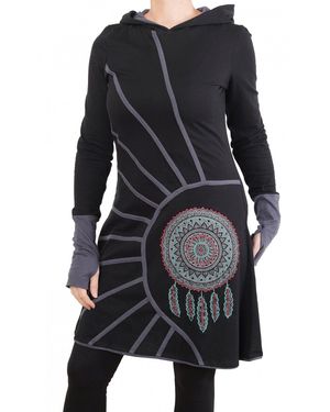 PUREWONDER Shirtkleid Langärmliges Kapuzenkleid aus Jersey Ganzjahreskleid - Schwarz