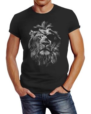 Neverless Cooles T-Shirt Löwe Aufdruck Motiv Slim Fit mit Print - Schwarz