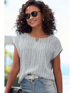 vivance active Kurzarmbluse mit Zierdetail am Ausschnitt, Druckbluse - Grau