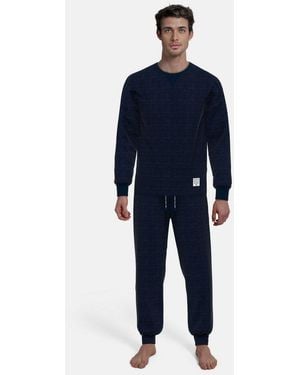 Tom Tailor Schlafanzug Rhodos (2 Tlg) Langarm, Lange Hose, Rundhalsausschnitt, Basic, Baumwollmix - Blau