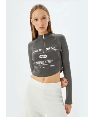 Koton T-Shirt Standkragen Langärmelig - Grau