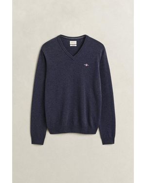 GANT V-Ausschnitt-Pullover Superfine Lambswool V-Neck Regular Fit Aus Reiner Wolle, Gerippte Abschlüsse - Blau