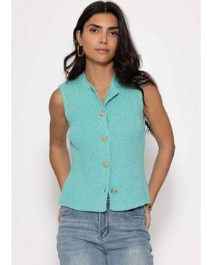 SassyClassy Stricktop Strick Top Mit Muschelknöpfen Für Damen Ärmelloses Top Mit Rundhalsausschnitt Und Lochstrick Details - Blau