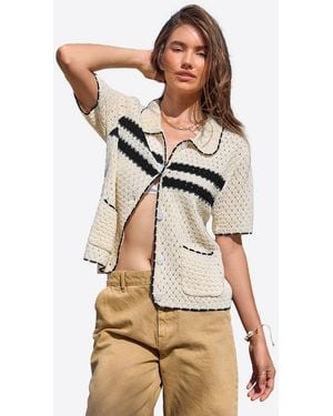 Imily Bela Cardigan Damen Kurzarm Mit Lochmuster Polokragen Und Kontraststreifen Sommer (Packung, 1-Tlg. 1Per-Pack) Gehäkelt Mit Spitze - Natur
