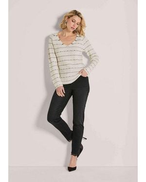 Madeleine Strickpullover Eleganter Wollpullover Mit V-Ausschnitt Tailliertes Langarmshirt Mit Strukturmix - Natur