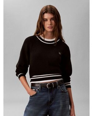 Calvin Klein Rundhalspullover Woven Label Crewneck Sweater Regular Fit Mit Rundhalsausschnitt - Schwarz