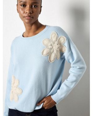 Apricot Rundhalspullover Bestickter Pullover Mit Gänseblümchen - Blau