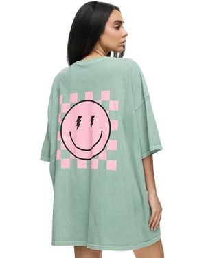 Worldclassca Oversized Print SMILE HAPPY T-Shirt Sommer Oberteil - Grün