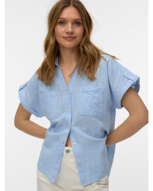 Vero Moda Kurzarmbluse Vmthilde Ss Shirt Wvn Noos Baumwolle, Kurzarm Mit Riegel, Hinten Etwas Länger Als Vorn - Blau