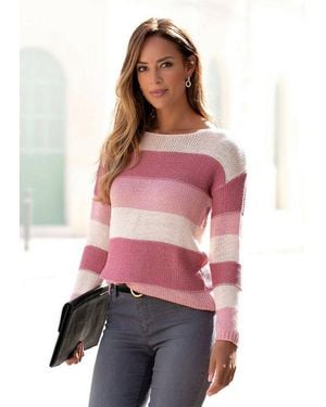 Lascana Streifenpullover Mit Überschnittenen Schultern Lässiger Strickpullover, Verlängerter Schnitt, Rundhalspullover - Rot