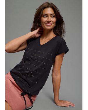 Laura Scott V-Shirt mit Glitzersteinen und Tunnelzug - Grau