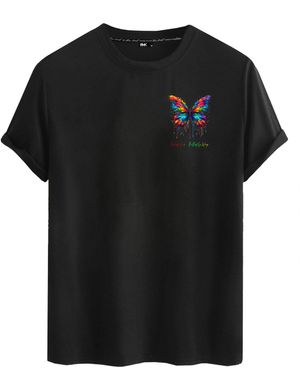 Rmk T- Shirt Basic Rundhals mit Butterfly Regenbogen Schmetterling - Schwarz