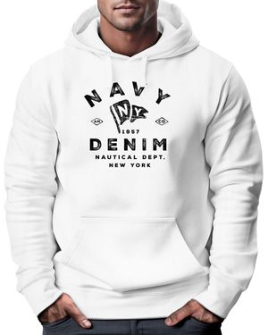 Neverless Hoodie vintage Motiv Schriftzug Navy Denim Nautical New York - Weiß