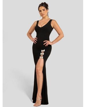 Goddiva Maxikleid Diamante Brooch Thigh Split Mermaid Maxi Dress Lange Kleid, Mit Schlitz, V-Ausschnitt - Schwarz