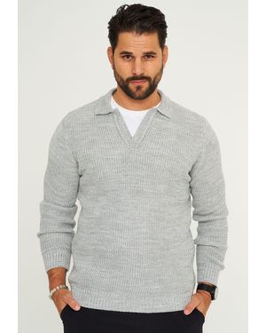 Carisma Strickpullover CRALYTUS Grobstrick Pulli mit Polo-Kragen Winterpullover - Grau
