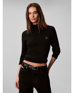 Calvin Klein Rollkragenpullover Woven Label T-Neck Sweater Regular Fit Mit Stehkragen - Schwarz