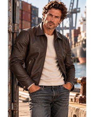 Milestone Lederjacke Msnagano Feines Lammleder, Cleaner Biker-Look, Markantes Karofutter - Braun