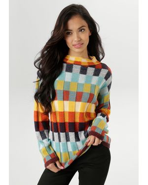 Aniston SELECTED Strickpullover mit mehrfarbig strukturierten Karomuster - Grau